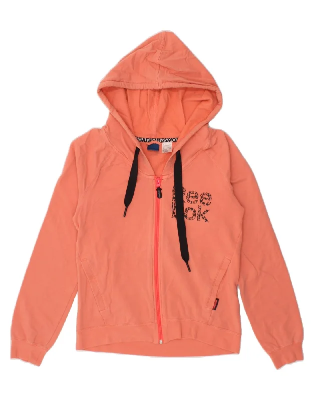 REEBOK Womens Graphic Zip Hoodie Sweater UK 8/10 Small Orange Cotton