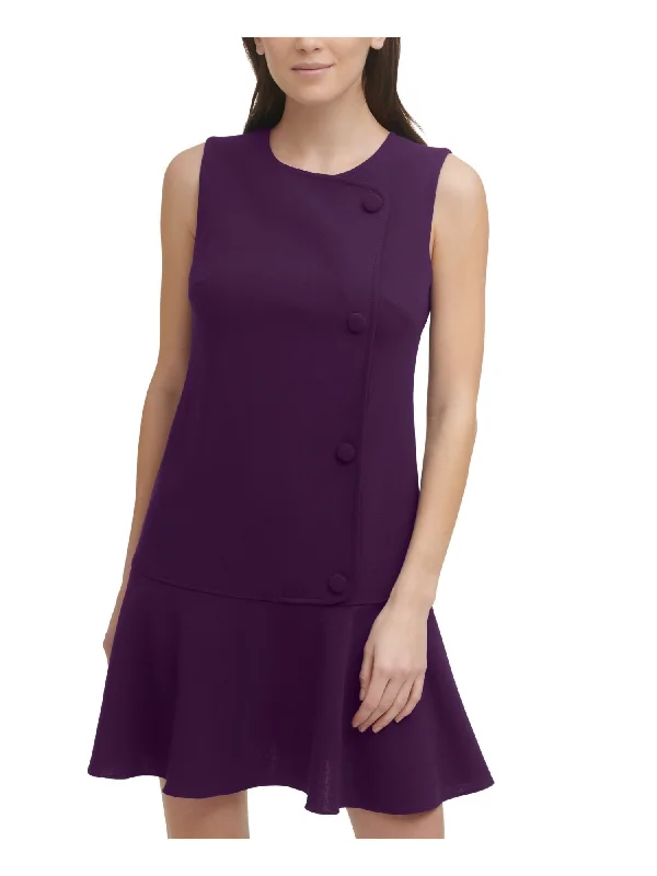 Stock Clearance DKNY Womens Purple Stretch Zippered Fitted Faux Button Darted Sleeveless Round Neck Short Wear To Work Drop Waist Dress