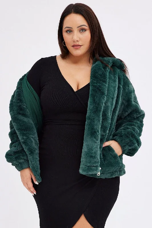 Members Only Green Zip Jacket Lined Plush Faux Fur
