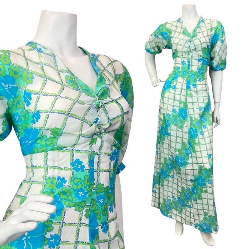 Deep Discounts VINTAGE 60s 70s WHITE BLUE GREEN CHECKED FLORAL MOD MAXI DRESS 10 12