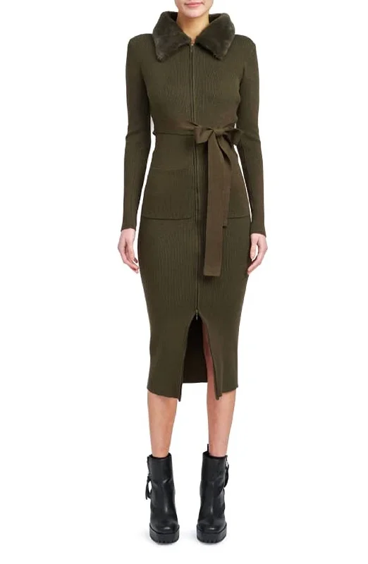 Discount Deals Long Sleeve Belted Midi Dress With Faux Fur Collar In Olive