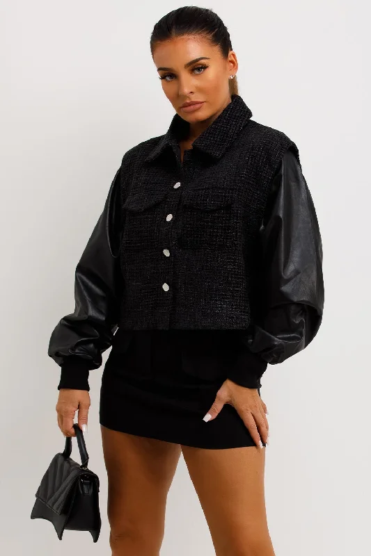 Price Rollback Tweed Bomber Jacket With Faux Leather Sleeves Black