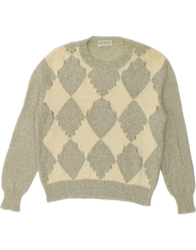 Can't Miss VINTAGE Womens Crew Neck Jumper Sweater IT 44 Medium Grey Argyle/Diamond