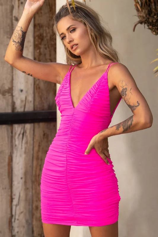 Exclusive Online Offer Dancing Queen Strappy Back Ruched Mesh Dress Hot Pink