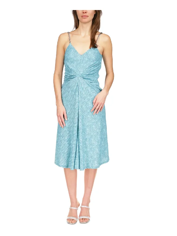 Get It Before It’s Gone MICHAEL MICHAEL KORS Womens Teal Zippered Twist Front Chain Textured Adjustable Spaghetti Strap V Neck Below The Knee Fit + Flare Dress