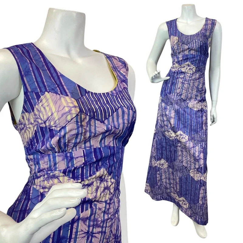 Final Markdown VINTAGE 60s 70s PURPLE BLUE CREAM STRIPED FLORAL ABSTRACT MAXI DRESS 10