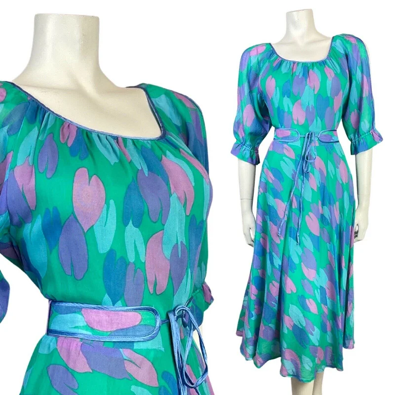 Super Deal VTG 70s 80s GREEN BLUE PURPLE TULIP ABSTRACT BELTED BLOUSON SWING DRESS 10 12 Super Deal VTG 70s 80s GREEN BLUE PURPLE TULIP ABSTRACT BELTED BLOUSON SWING DRESS 10 12