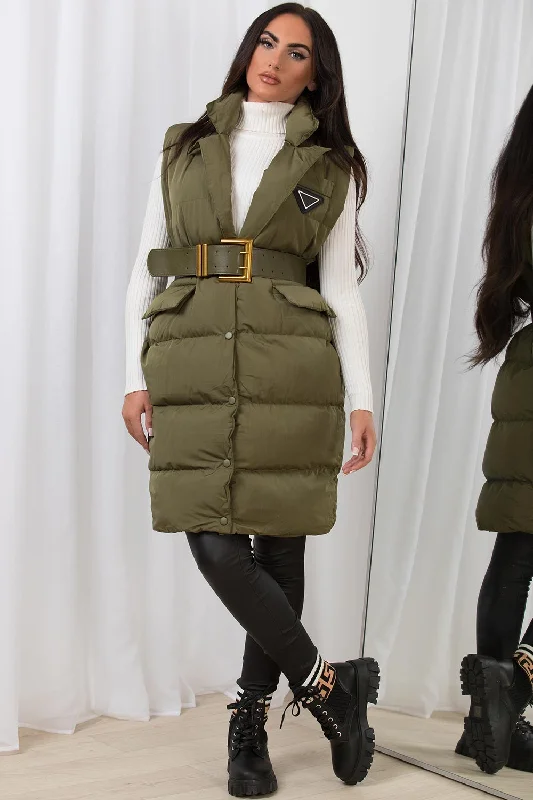 Best Bargains Khaki Long Puffer Gilet With Lapel Collar & Belt