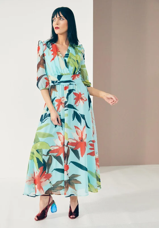 Steals and Deals Kate Cooper Tropical Floral Chiffon Maxi Dress, Turquoise Multi