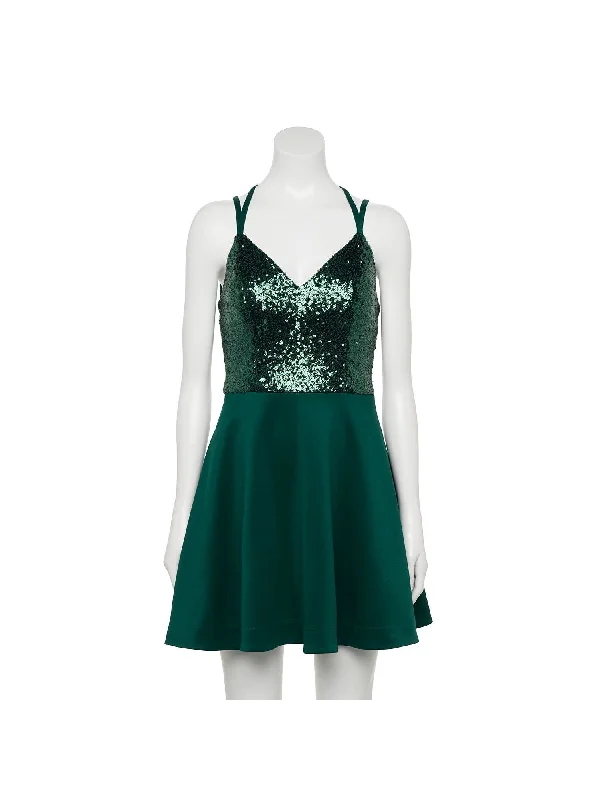 Closeout SPEECHLESS Womens Green Sequined Zippered Pocketed Spaghetti Strap V Neck Mini Party Fit + Flare Dress