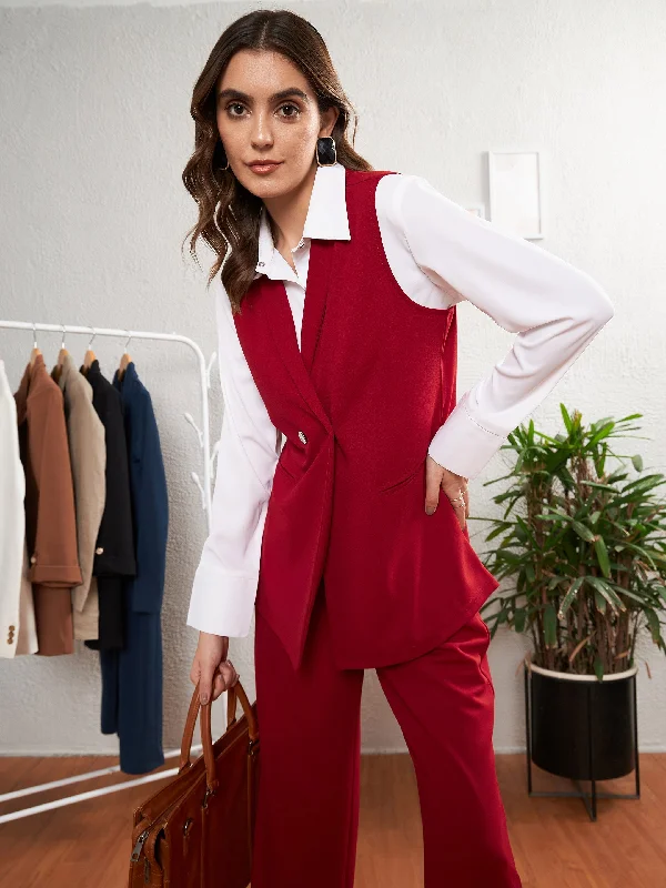 Hot Deal Women Red Double-Breast Sleeveless Longline Blazer