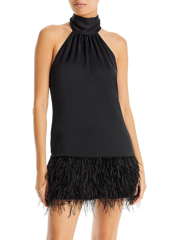 Discount Deals Danni Womens Halter Faux Feather Trim Mini Dress