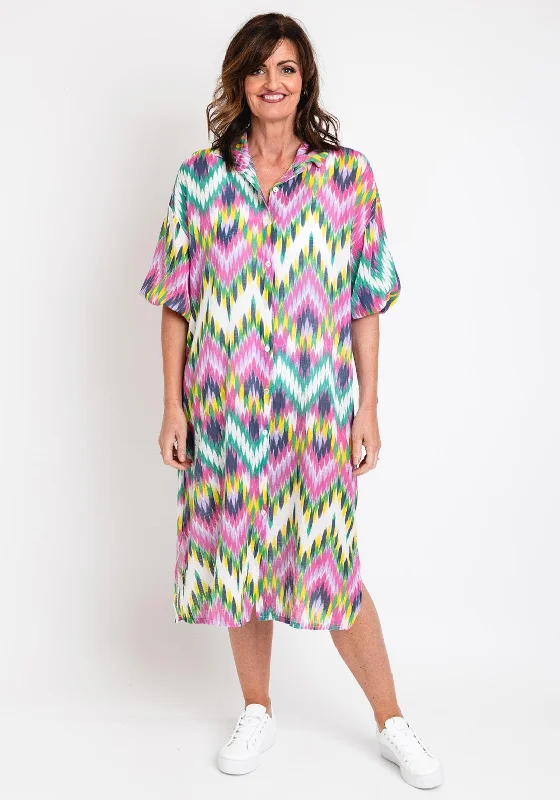 Limited Availability Serafina Collection One Size Textured Print Shirt Dress, Pink Multi