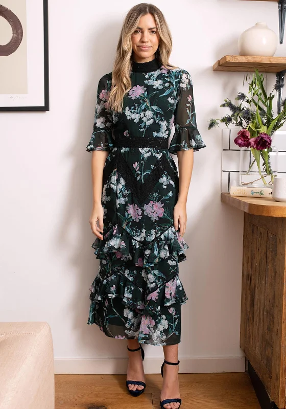 Hope & Ivy Ellen Ruffle Skirt Floral Midi Dress, Green and Pink