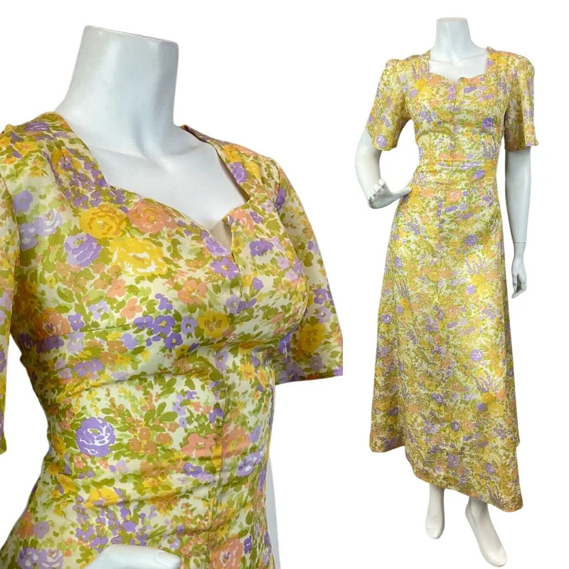 Markdowns VINTAGE 60s 70s YELLOW GREEN LILAC GARDEN FLORAL DITSY SWEETHEART MAXI DRESS 10