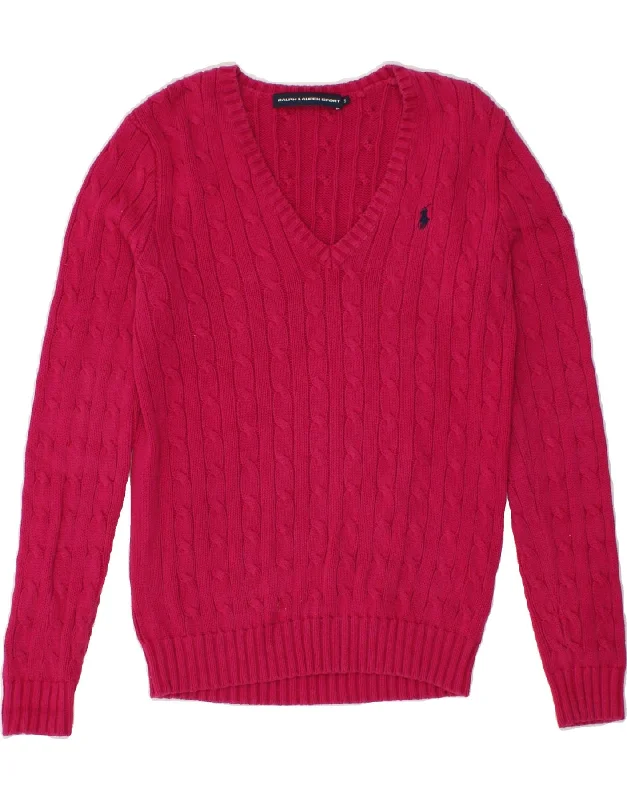Weekend Flash Sale RALPH LAUREN POLO SPORT Womens V-Neck Jumper Sweater UK 10 Small Pink
