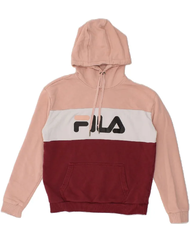 Don't Wait FILA Womens Graphic Hoodie Jumper UK 10 Small Pink Colourblock Cotton
