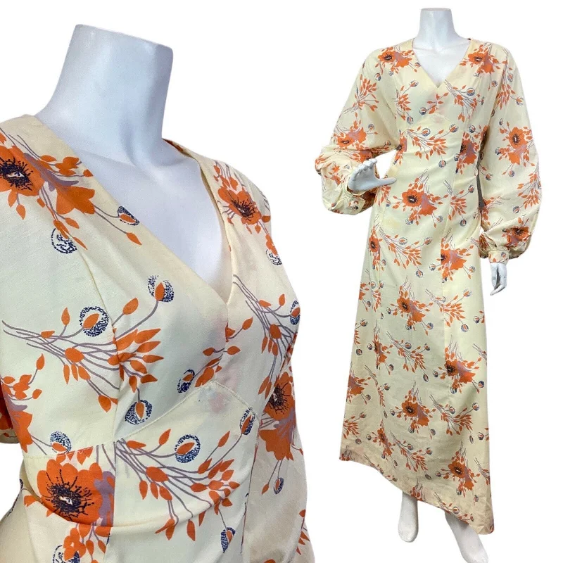 Big Savings VINTAGE 60s 70s CREAM ORANGE FLORAL PUFF SLEEVE BOHO PRAIRIE MAXI DRESS 12 14
