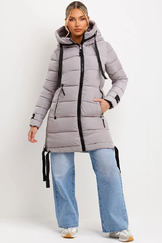 Customer Appreciation Sale Long Puffer Coat With Hood And Side Straps Grey