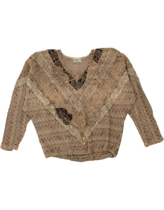 MARILU Womens V-Neck Jumper Sweater UK 14 Large Beige Chevron Cotton