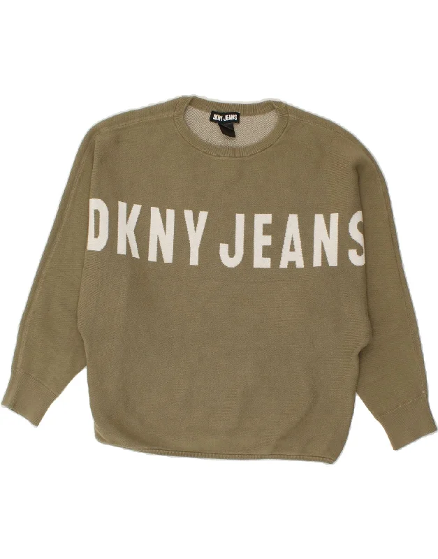 DKNY Womens Oversized Graphic Sweatshirt Jumper UK 14 Medium Khaki Cotton