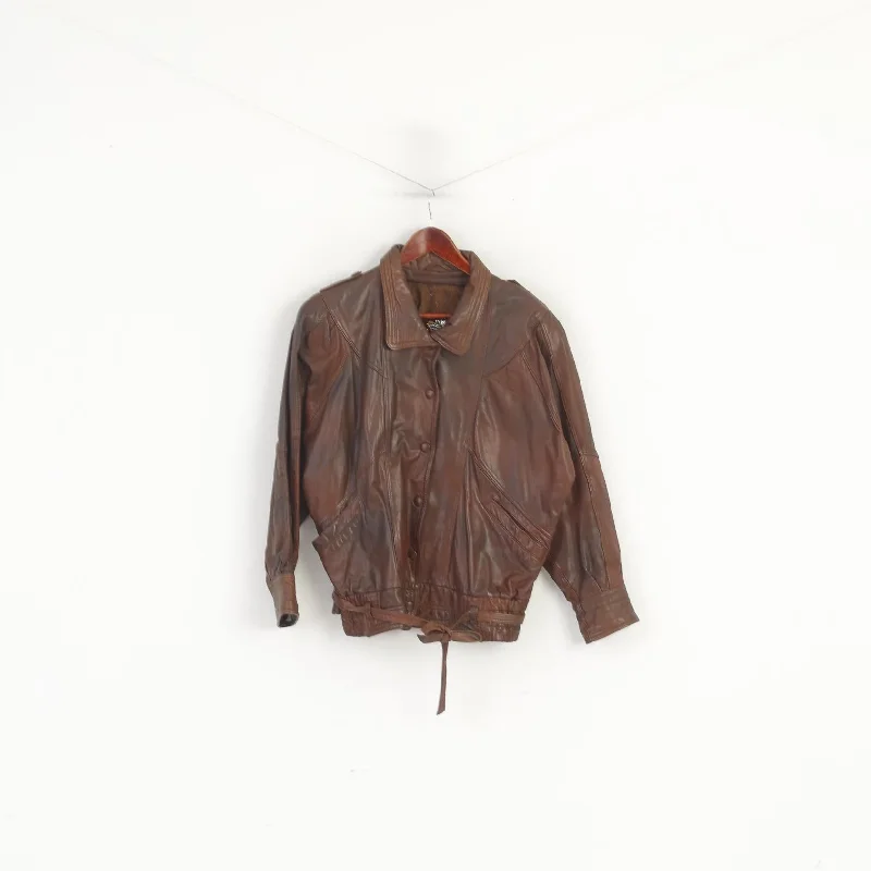 Crazy Savings Tigers Royal Women M Bomber Jacket Brown Leather Snap Shoulder Pads Vintage Top