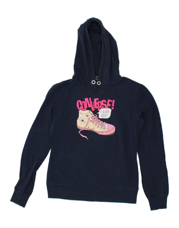 Super Savings CONVERSE Womens Graphic Hoodie Jumper UK 12 Medium Navy Blue
