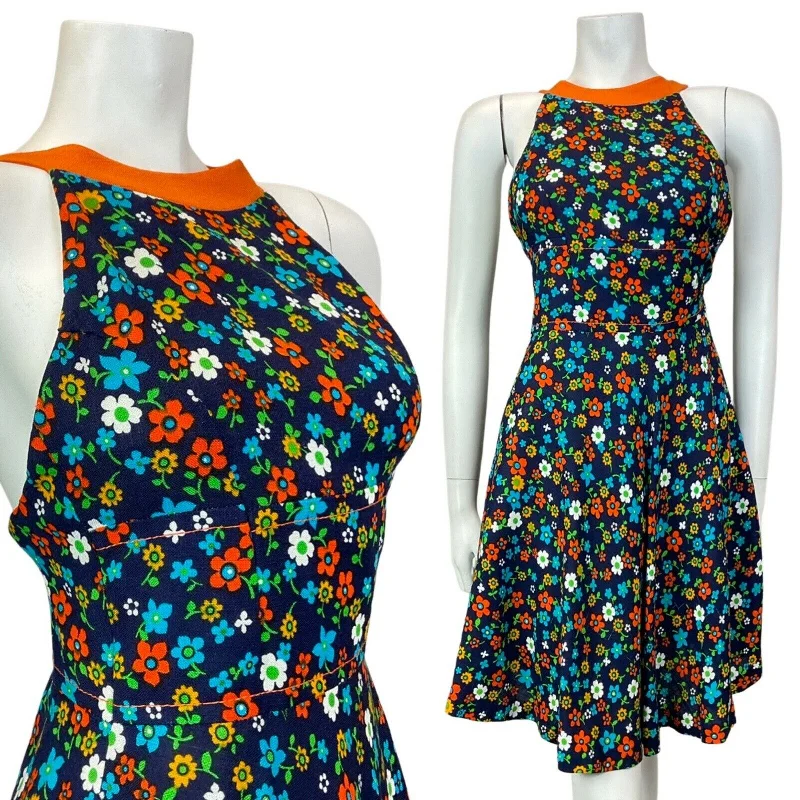 Discount Days VINTAGE 60s BLUE ORANGE GREEN FLORAL DAISY DITSY MOD HALTER SUMMER DRESS 4 6