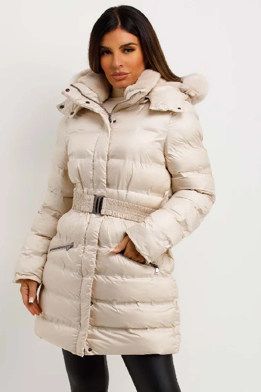 Huge Discounts Puffer Padded Coat With Fur Hood And Belt Beige
