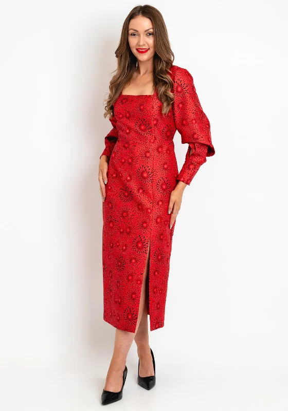 Price Reduction Exquise Square Neck Floral Midi Dress, Red