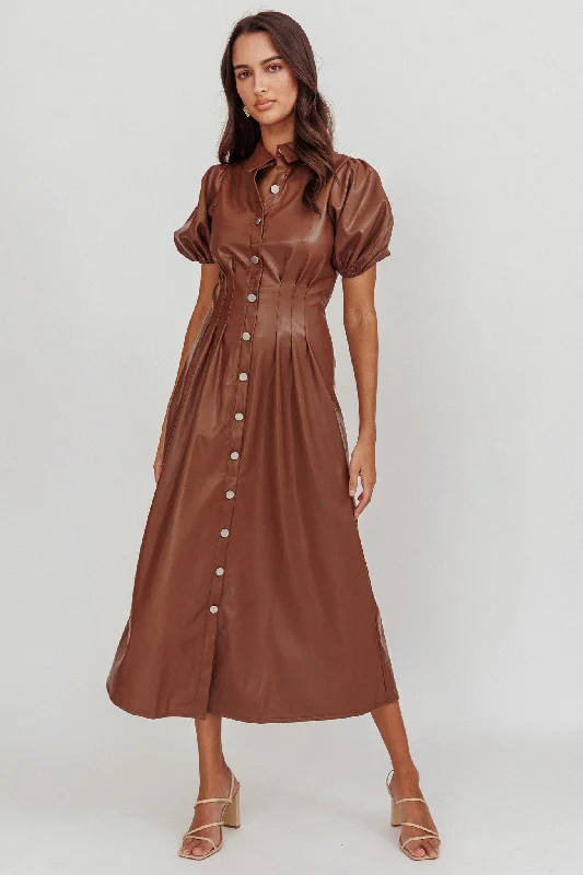 Zurich A-line Puff Sleeve Midi Dress Chocolate