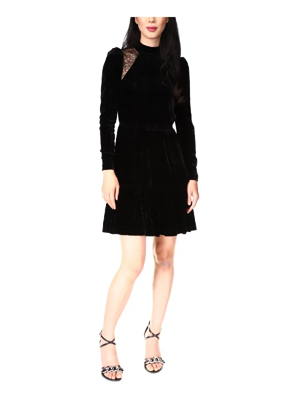 Markdowns MICHAEL MICHAEL KORS Womens Black Zippered Pleated Lace Panels Pouf Sleeve Mock Neck Short Party Fit + Flare Dress