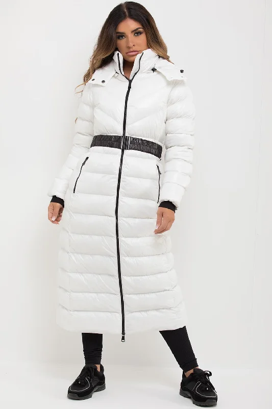Price Drop White Longline Puffer Padded Jacket With Hood & Belt