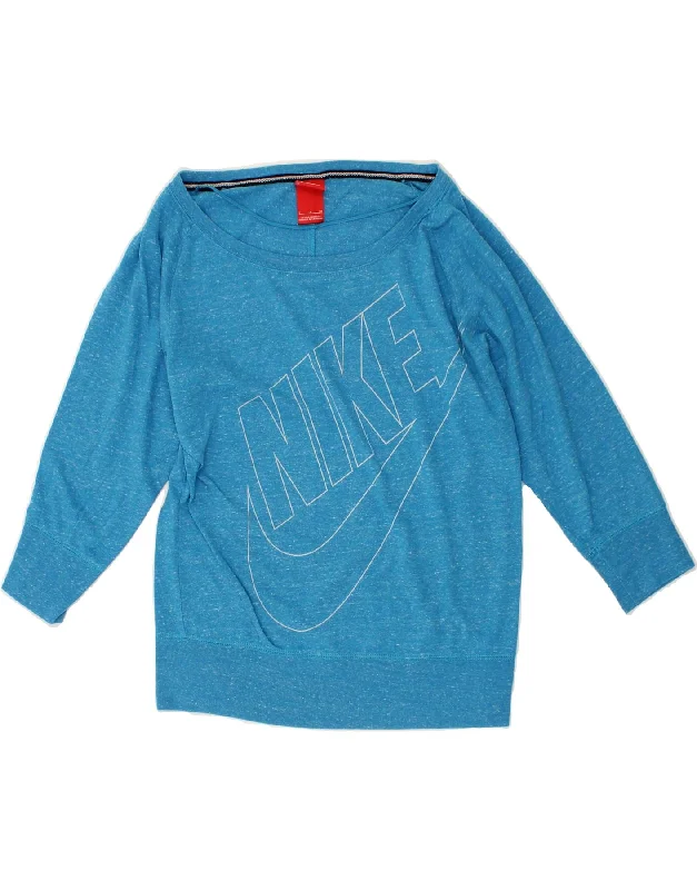 NIKE Womens Graphic 3/4 Sleeve Sweatshirt Jumper UK 10 Small Blue Flecked