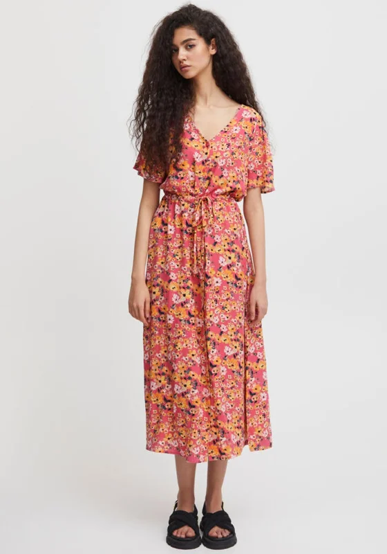 Stock Up and Save Ichi Printed Drawstring Waist Maxi Dress, Pink Multi