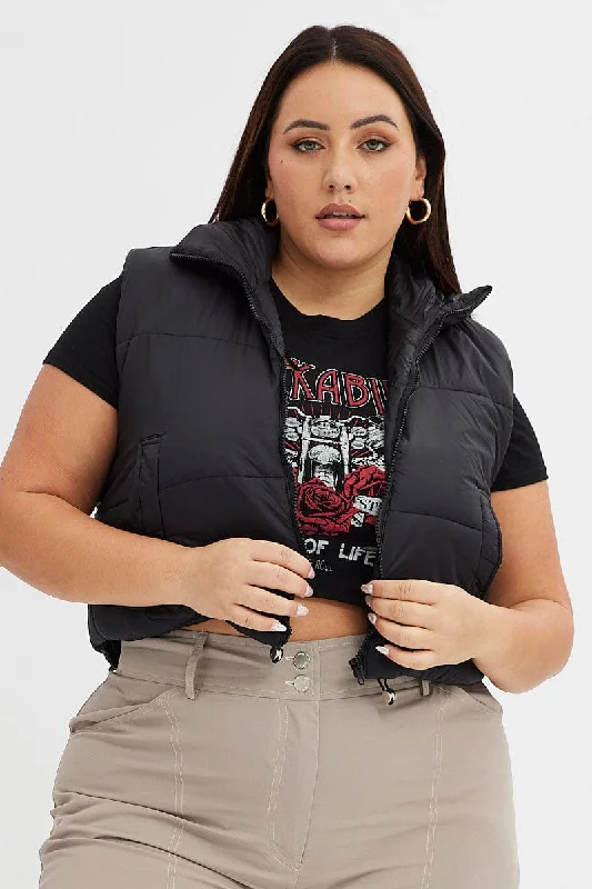 Black Puffer Vest Sleeveless Crop