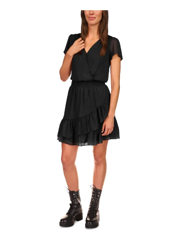 Extra Savings MICHAEL MICHAEL KORS Womens Black Smocked Sheer Lined Ruffled Hook And Eye Front Short Sleeve Surplice Neckline Above The Knee A-Line Dress Extra Savings MICHAEL MICHAEL KORS Womens Black Smocked Sheer Lined Ruffled Hook And Eye Front Short Sleeve Surplice Neckline Above The Knee A-Line Dress