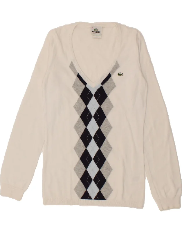 Price Smash LACOSTE Womens V-Neck Jumper Sweater Size 34 Small White Argyle/Diamond