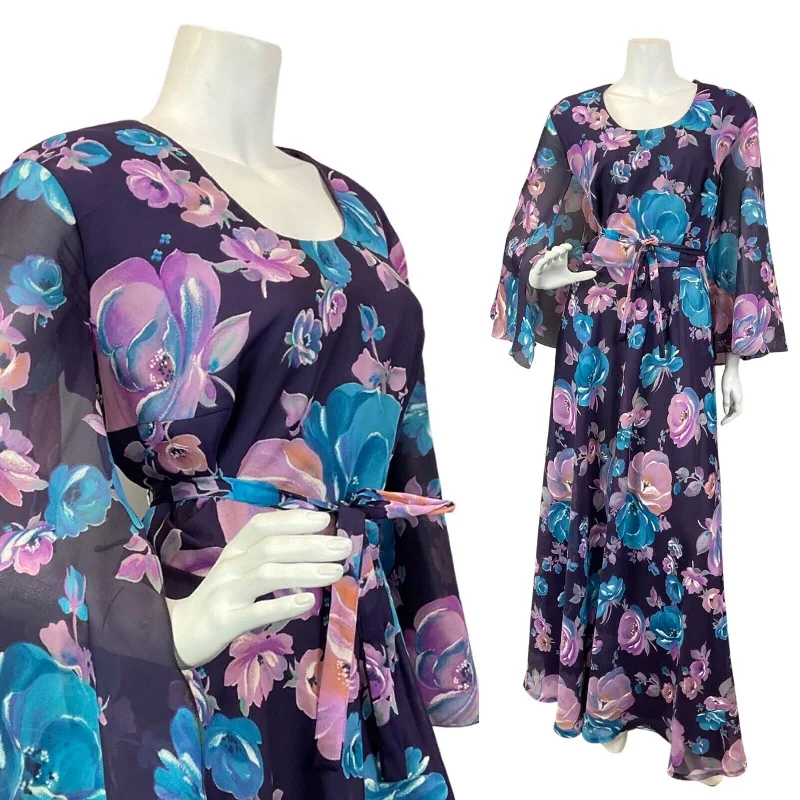Clearance Sale VTG 60s 70s PURPLE PINK BLUE FLORAL ROSE ANGEL SLEEVE FLOATY MAXI DRESS 14 16