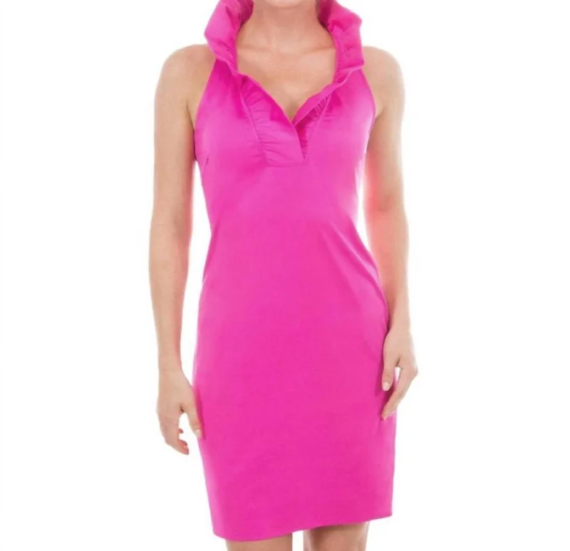 Extra Savings Ruffle Neck Solid Jersey Sleeveless Dress In Hot Pink