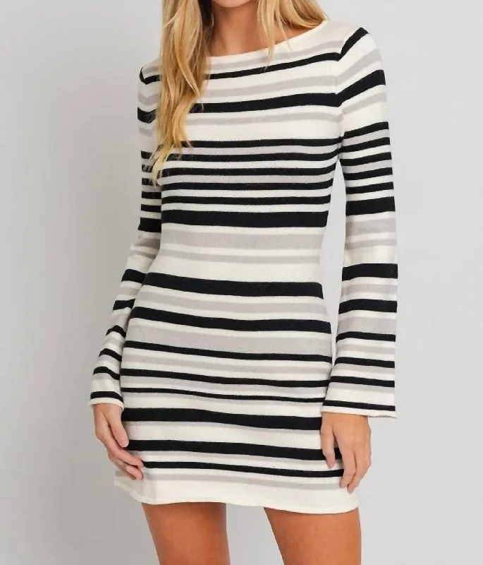 Closeout Sale Boat Neck Bell Sleeve Sweater Dress In White/black Stripe