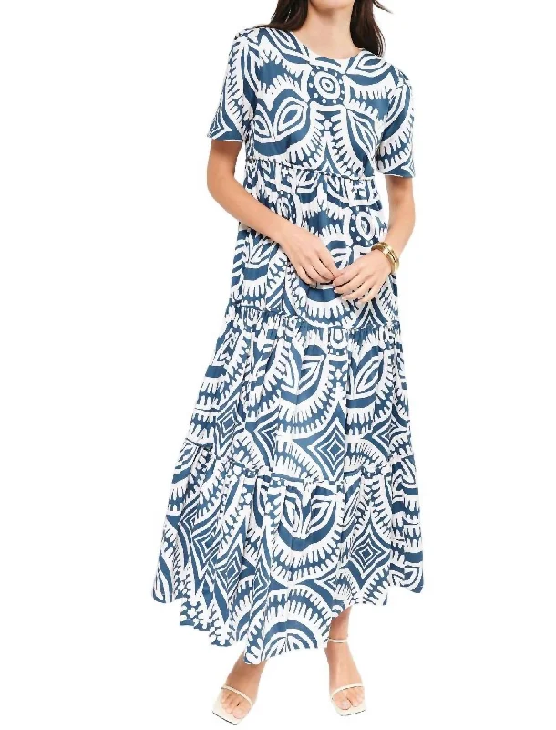 Act Now Alfarero Midi Dress In Blue Tribal Motif