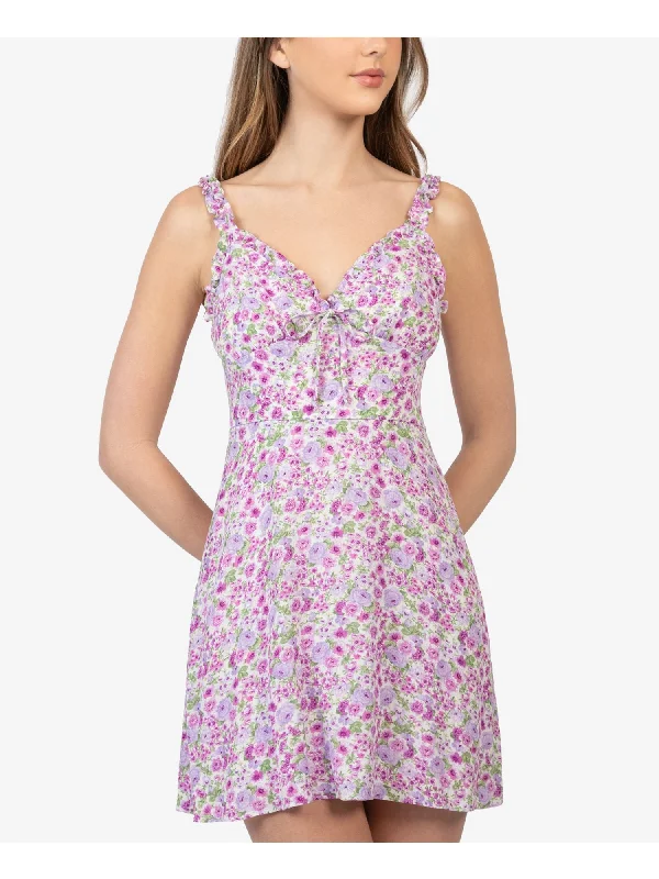Act Now B DARLIN Womens Ivory Zippered Tie Floral Sleeveless V Neck Mini Fit + Flare Dress