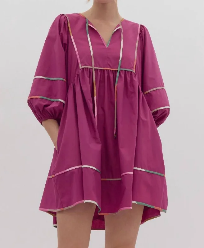 Can't Be Beat Contrast Stitch Dress In Plum