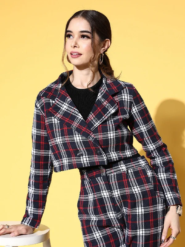 Customer Appreciation Sale Women Navy Flannel Check Crop Blazer