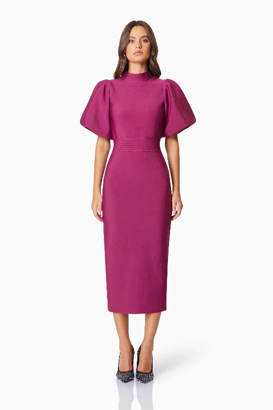 Act Fast Ella Puff Sleeve Midi Dress In Red