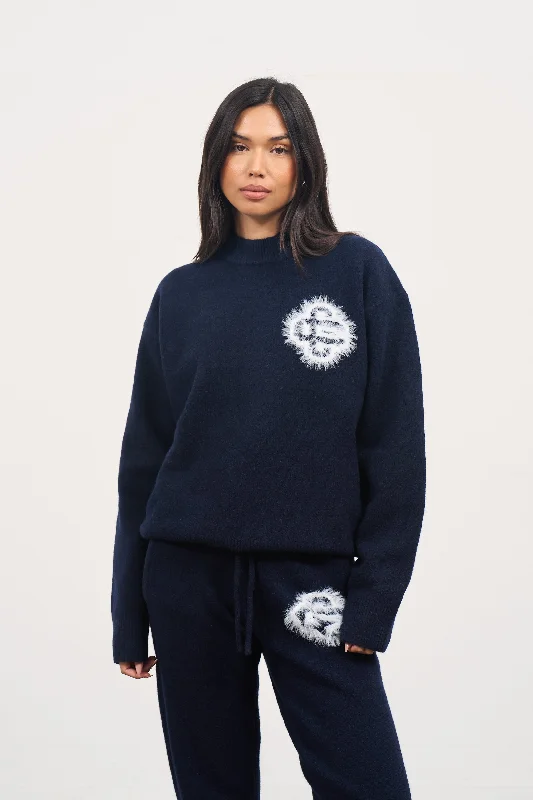 Members Only FLUFFY EMBLEM KNITTED CREW - NAVY