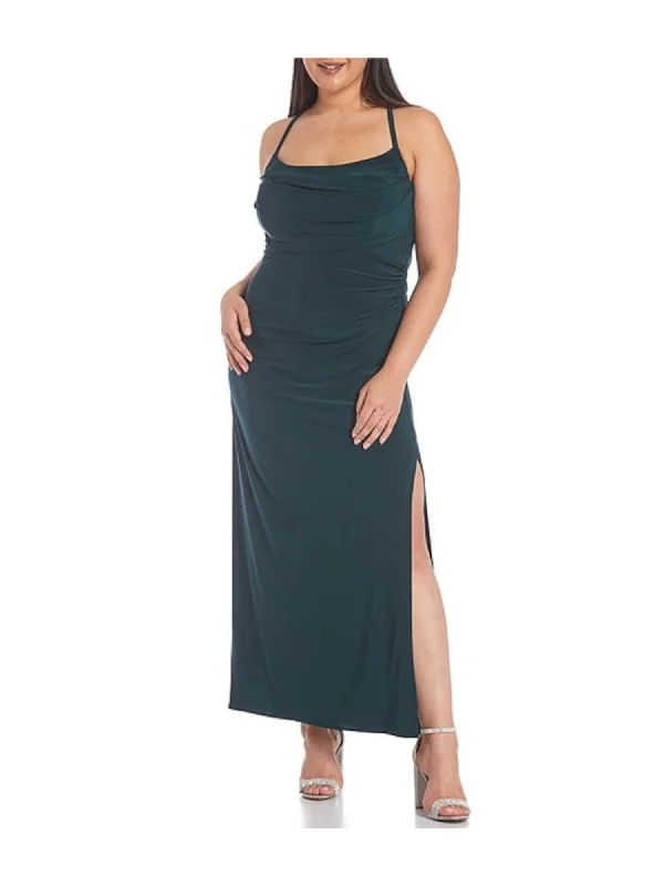 Referral Discount MORGAN & CO Womens Green Adjustable Zippered Slitted Padded Bust Ruched Spaghetti Strap Cowl Neck Maxi Cocktail Fit + Flare Dress