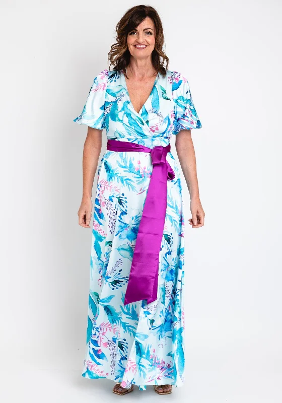 Price Reduction Herysa Nueve Floral Satin Maxi Dress, Aqua Multi