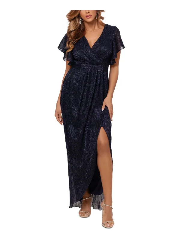 Super Bargain BETSY & ADAM Womens Navy Pleated Zippered High Slit Tulip-skirt Lined Flutter Sleeve V Neck Full-Length Formal Faux Wrap Dress